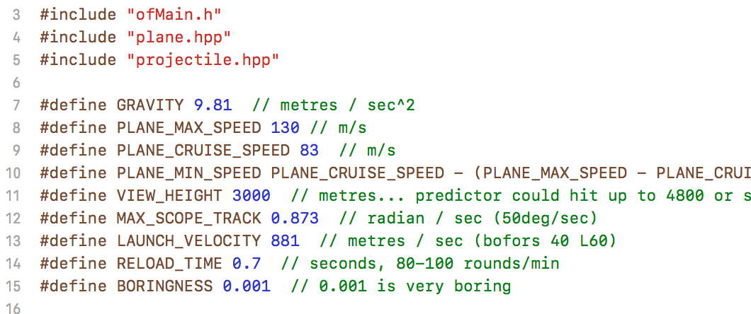 code sample of the main header file, showing constants defined for things like gravity, max plane speed, and reload time, and a boringness constant
