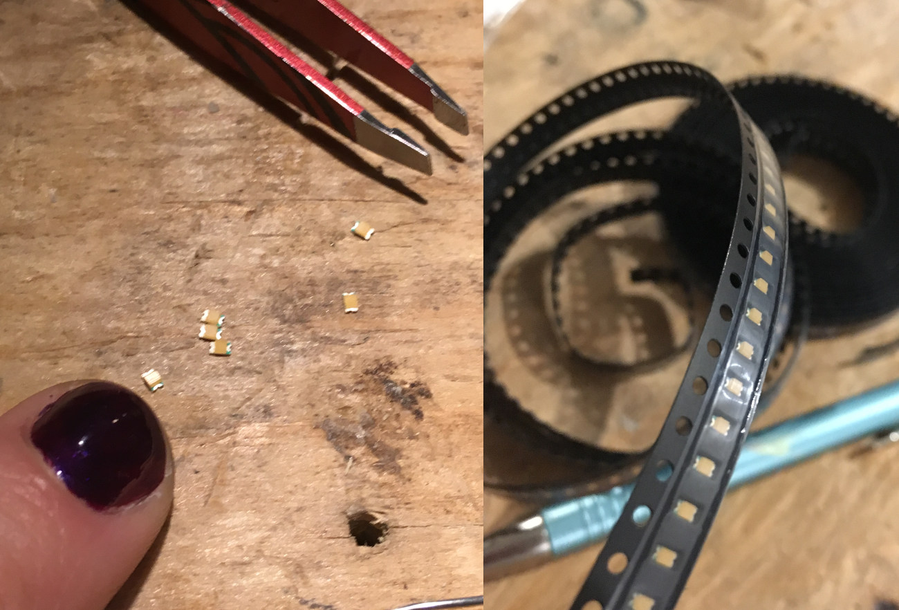 1000 pink SMD leds on a reel, and a close-up detail shot with tweezers and a finger for scale. they are tiny!